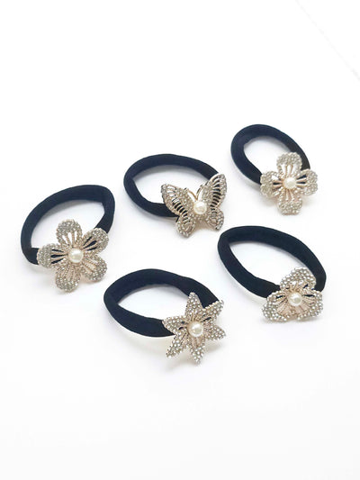 Set of 5 Seamless Hair Elastics With Spring Rhinestone Ornaments