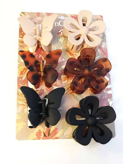 Set of 6 Neutral Butterfly and Flower Claw Clips