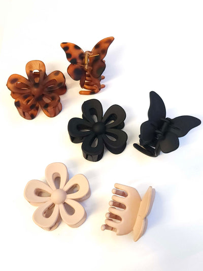 Set of 6 Neutral Butterfly and Flower Claw Clips