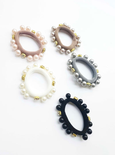 Set of 5 Seamless Hair Elastics with Pearls and Rhinestones