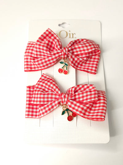 Set of 2 Gingham Bows with Cherry Drop