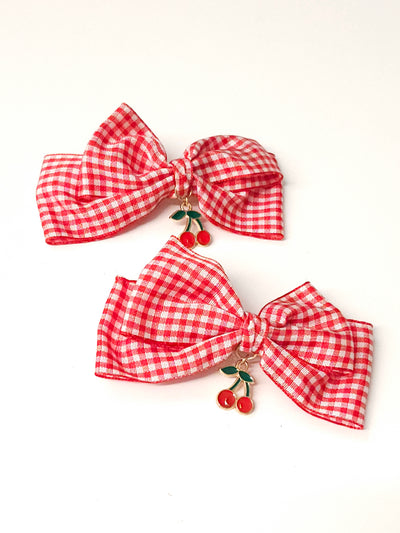 Set of 2 Gingham Bows with Cherry Drop