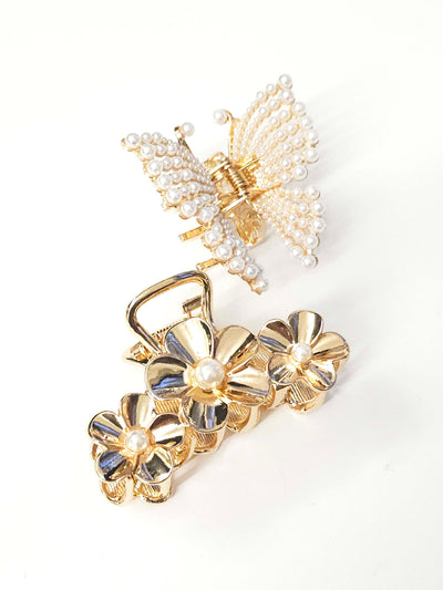 Set of 2 Claws With Pearl Butterfly and Triple Metal Flower