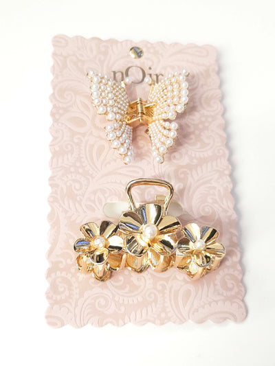 Set of 2 Claws With Pearl Butterfly and Triple Metal Flower