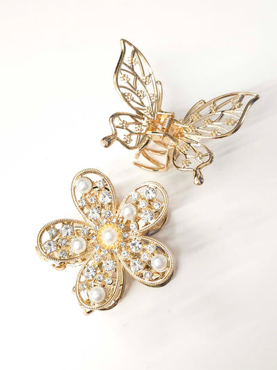 Set of 2 Claws With Metal Open Butterfly and Pave Flower