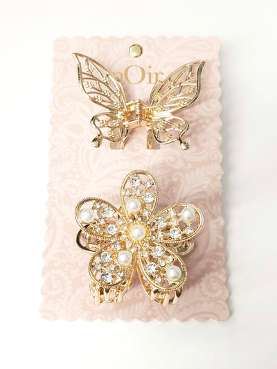 Set of 2 Claws With Metal Open Butterfly and Pave Flower