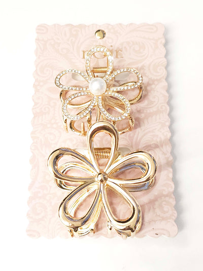 Set of 2 Rhinestone and Open Metal Flower Claws