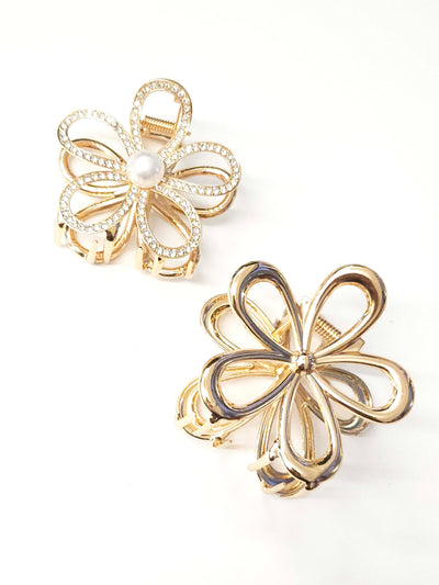 Set of 2 Rhinestone and Open Metal Flower Claws