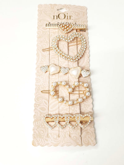 Set of Five Social Rhinestone Barettes with hearts and pearls
