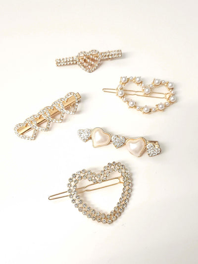 Set of Five Social Rhinestone Barettes with hearts and pearls