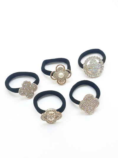 Set of 5 Seamless Hair Elastics With Rhinestone Ornaments