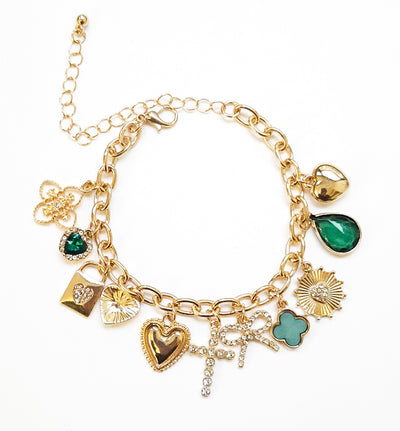 Chunky Charm Bracelet with Cross, Bow, Clover and Stones