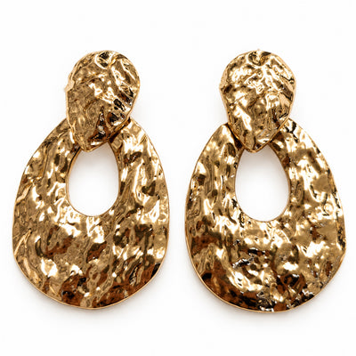Hammered Gold Oval Drop Earrings