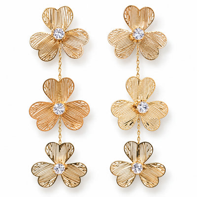 Gold Triple Floral Drop Earrings
