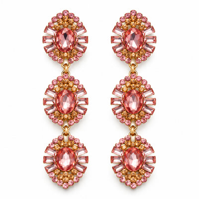 Pink Rhinestone Triple Drop Earrings