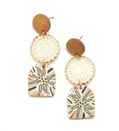 Wood and Crochet Circle Drop Earring