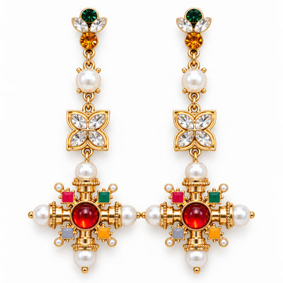 Multicolor Jeweled Cross Drop Earrings