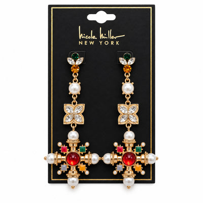 Multicolor Jeweled Cross Drop Earrings