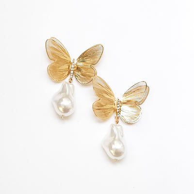 Filigree Butterfly and Baroque Pearl Drop Earring
