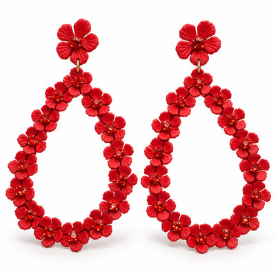 Red Floral Teardrop Hoop Statement Earrings