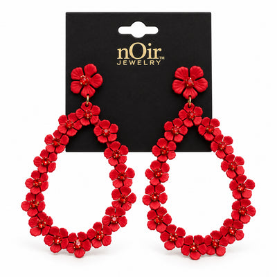 Red Floral Teardrop Hoop Statement Earrings