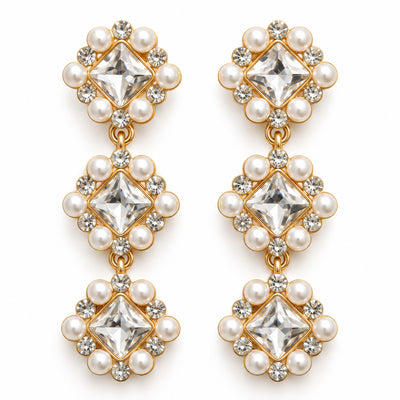 Pearl & Crystal Geometric Drop Earrings
