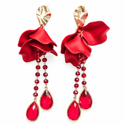 Red Petal Crystal Drop Earrings