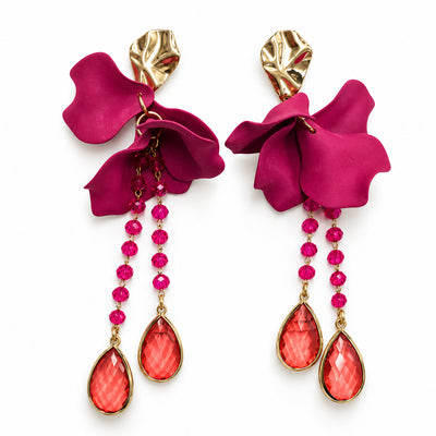 Fuchsia Petal Crystal Drop Earrings