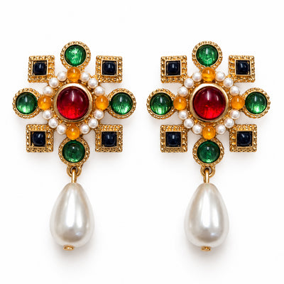 Multicolor Cabochon Pearl Drop Earrings