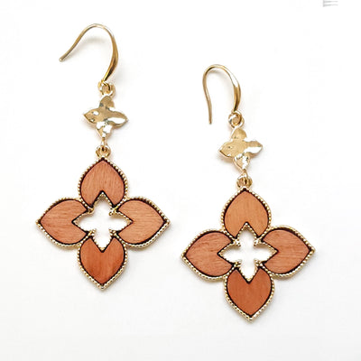 Gold and Wood Douple Pointed Clover Drop Earring