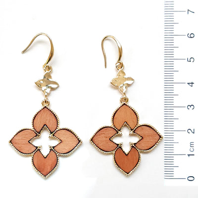 Gold and Wood Douple Pointed Clover Drop Earring