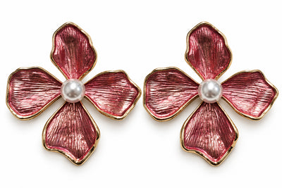 Pink Flower Pearl Statement Earrings