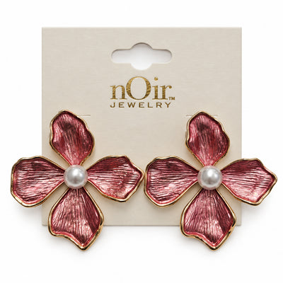Pink Flower Pearl Statement Earrings