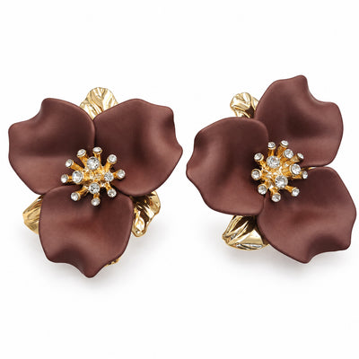 Brown Floral Crystal Statement Earrings