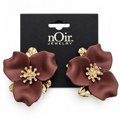 Brown Floral Crystal Statement Earrings