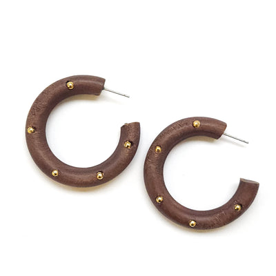 Tubular Wood Hoop Earring with Gold Dot Detail