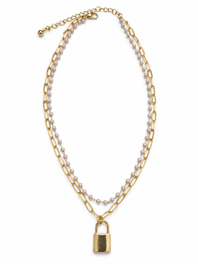 Layered Pearl & Padlock Necklace